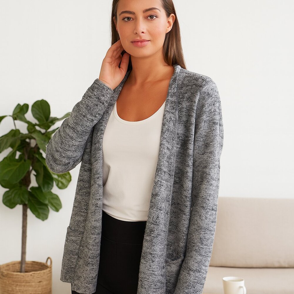 Coldwater Creek Heather Gray Open Front Silver Chain Trim Boho Cardigan Woman XL